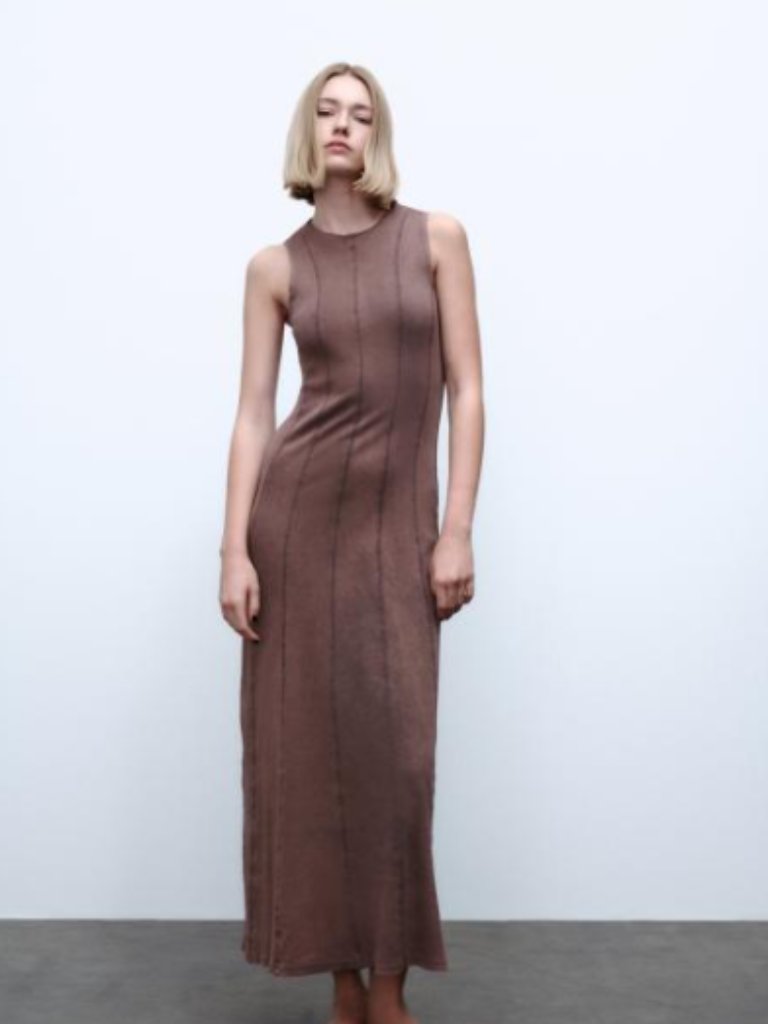 Zara Ribbed Knit Maxi Dress Taupe/Brown Size Large Bodycon Minimalist